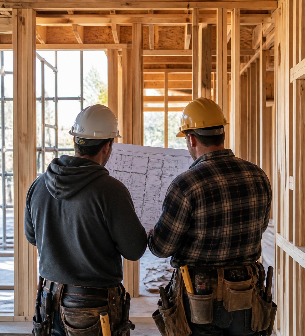 Moderna Remodeling crew reviewing plans on a residential framing job